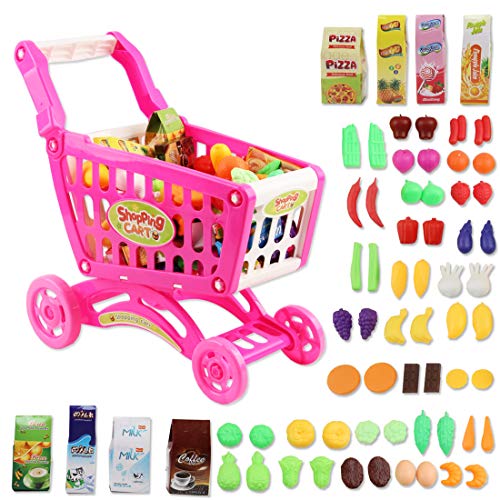 deAO Carrito de la Compra Infantil Incluye Variedad de 50 Productos de Mercado y Comestibles para Niños y Niñas (Rosa)