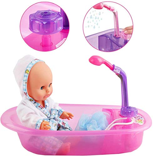 deAO Conjunto de Baño 13" Mi Primera Muñeca Bebé con Funciones de Agua Real Set Incluye Muñeca, Bañera, Accesorios y Albornoz