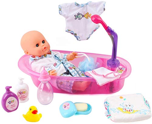 deAO Conjunto de Baño 13" Mi Primera Muñeca Bebé con Funciones de Agua Real Set Incluye Muñeca, Bañera, Accesorios y Albornoz