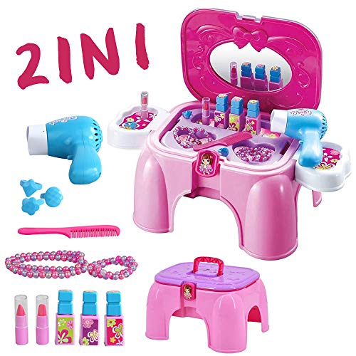 deAO Maleta de Maquillaje Conjunto 3 en 1 de Belleza y Moda Portátil Taburete Infantil y Maletín de Juegos con Accesorios Incluidos, Asa y Cerradura