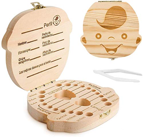 DEAROPE Caja de Dientes, Caja para Dientes en Español de Leche, Caja de Madera para Guardar Dientes (Niño)