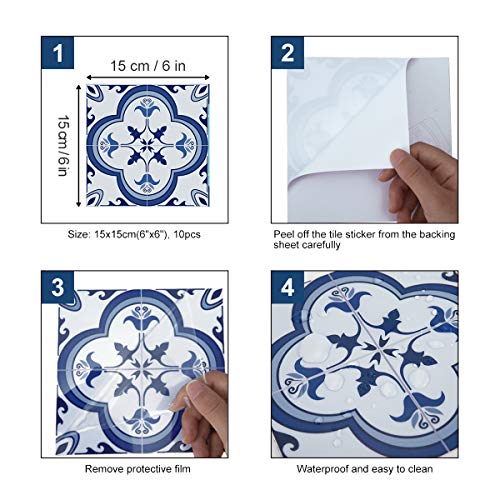 decalmile 10 Piezas Pegatinas de Azulejos 15x15cm Azul y Blanco Marroquí Adhesivo Decorativo para Azulejos Cocina Baño Decoración