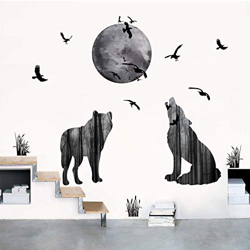 decalmile Animal Lobo y Luna Pegatinas de Pared Pájaros Vinilo Decorativos Dormitorio Salón Habitación Infantiles Niños