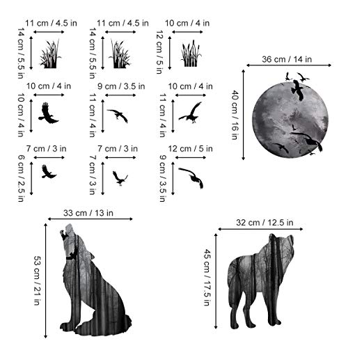 decalmile Animal Lobo y Luna Pegatinas de Pared Pájaros Vinilo Decorativos Dormitorio Salón Habitación Infantiles Niños