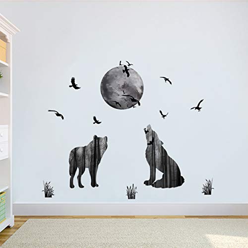 decalmile Animal Lobo y Luna Pegatinas de Pared Pájaros Vinilo Decorativos Dormitorio Salón Habitación Infantiles Niños