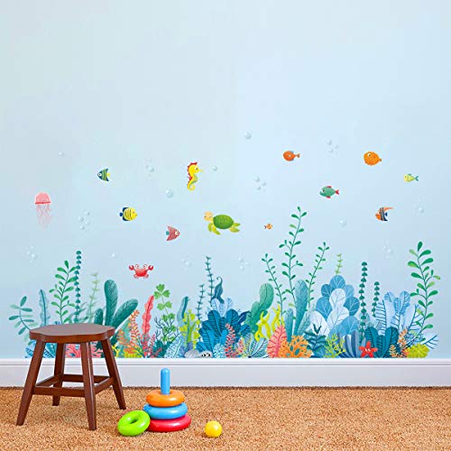 decalmile Pegatinas de Pared Algas Marinas Rodapié Adhesivos Pared Bajo el Mar Peces Vinilos Decorativos Bebé Niños Habitación Baños