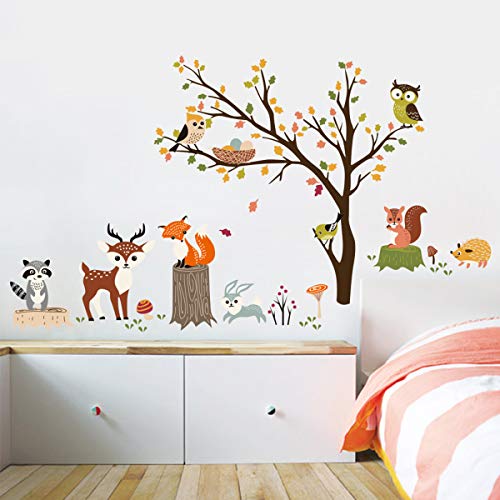 decalmile Pegatinas de Pared Bosque Animales Árbol Vinilos Decorativos Búho Zorro Ciervo Adhesivos Pared Habitación Niño Bebé Guardería