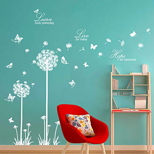 decalmile Pegatinas de Pared Diente de León Mariposas Vinilos Decorativos Frases Learn Live Hope Adhesivos Pared Dormitorio Salon Habitacion (Blanco)