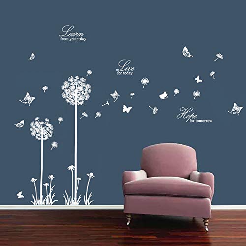 decalmile Pegatinas de Pared Diente de León Mariposas Vinilos Decorativos Frases Learn Live Hope Adhesivos Pared Dormitorio Salon Habitacion (Blanco)