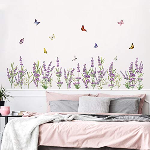 decalmile Pegatinas de Pared Flores de Lavanda Púrpura Vinilos Decorativos Hierba Rodapié Adhesivos Pared Dormitorios Salón Comedor Ventanas