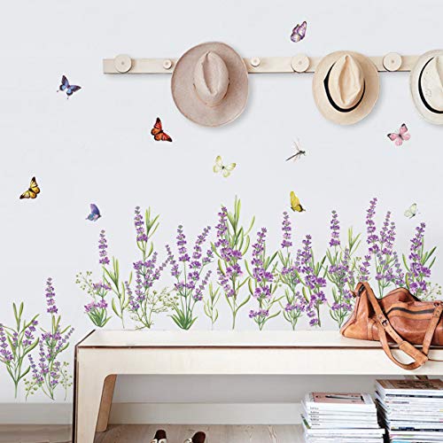 decalmile Pegatinas de Pared Flores de Lavanda Púrpura Vinilos Decorativos Hierba Rodapié Adhesivos Pared Dormitorios Salón Comedor Ventanas