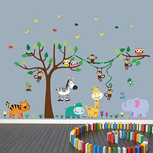 decalmile Pegatinas de Pared Infantiles Animales Árbol Vinilos Decorativos Mono Jirafa Elefante Adhesivos Pared Habitación Infantiles Niños Bebés Guardería Salón