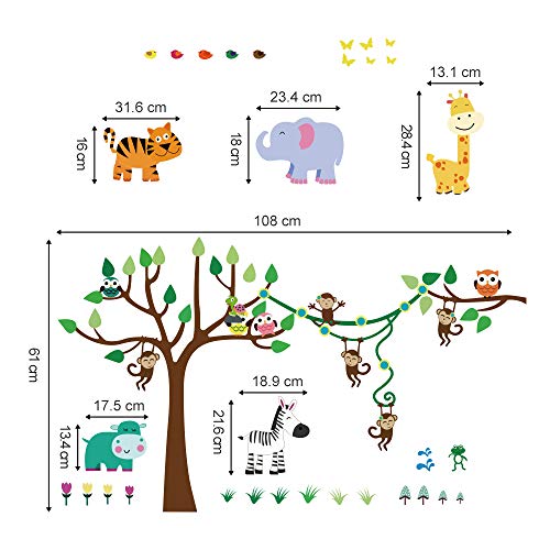 decalmile Pegatinas de Pared Infantiles Animales Árbol Vinilos Decorativos Mono Jirafa Elefante Adhesivos Pared Habitación Infantiles Niños Bebés Guardería Salón