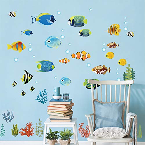 decalmile Pegatinas de Pared Tropical Peces Vinilos Decorativos Bajo el Mar Adhesivos Pared Bebé Niños Habitación Baño