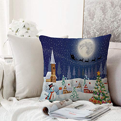 decoración Cuadrada, Navidad, Temporada de Invierno Muñeco de Nieve Árbol de Navidad Trineo de Santa Luna Presente Cajas Nieve,Funda de Almohada Almohada para Coche Almohada para sofá casero