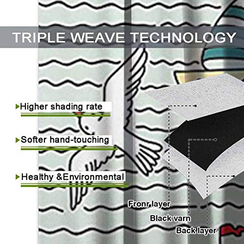 Decoración del faro Decoración del hogar Cortinas de puerta corredera Gaviotas Faro mensaje en botellas de vapor, veleros, diseño ondulado, tema náutico fácil de instalar, multi W42 x L63 pulgadas