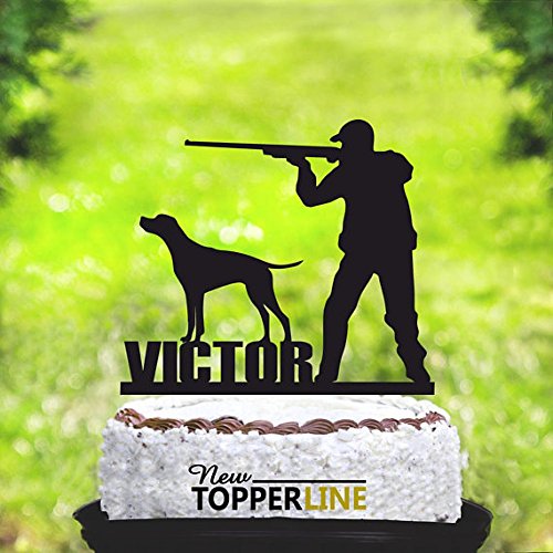 Decoración para tarta, diseño de cazador con perro, con nombre, siluetas de cazador, decoración para tartas de cumpleaños