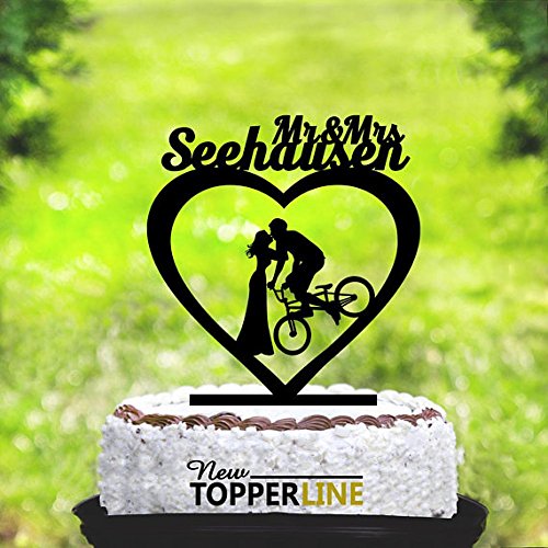 Decoración para tartas de bicicleta, decoración para tarta de bicicleta, diseño con texto en inglés Mr and Mrs, siluetas para novia y novio en bicicleta, silueta para bicicleta