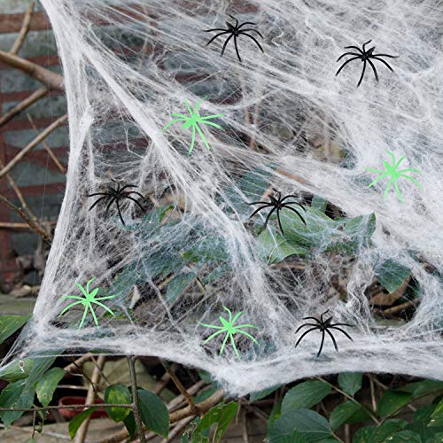 Decoraciones de Halloween Telarañas de araña - Tela de araña de 1000 pies cuadrados +100 arañas negras +50 arañas, interiores y exteriores con arañas falsas para decoraciones de fiesta de Halloween