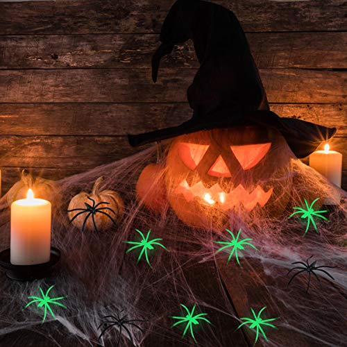 Decoraciones de Halloween Telarañas de araña - Tela de araña de 1000 pies cuadrados +100 arañas negras +50 arañas, interiores y exteriores con arañas falsas para decoraciones de fiesta de Halloween