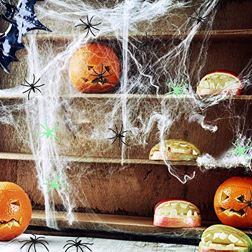 Decoraciones de Halloween Telarañas de araña - Tela de araña de 1000 pies cuadrados +100 arañas negras +50 arañas, interiores y exteriores con arañas falsas para decoraciones de fiesta de Halloween