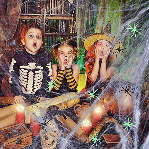 Decoraciones de Halloween Telarañas de araña - Tela de araña de 1000 pies cuadrados +100 arañas negras +50 arañas, interiores y exteriores con arañas falsas para decoraciones de fiesta de Halloween