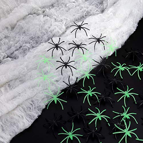 Decoraciones de Halloween Telarañas de araña - Tela de araña de 1000 pies cuadrados +100 arañas negras +50 arañas, interiores y exteriores con arañas falsas para decoraciones de fiesta de Halloween