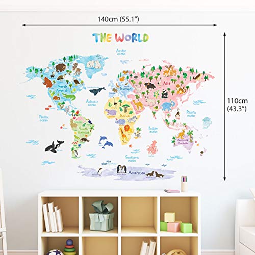 DECOWALL DLT-1615 Mapamundi Animales (Extra Grandede) (English Ver.) Vinilo Pegatinas Decorativas Adhesiva Pared Dormitorio Saln Guardera Habitaci Infantiles Nios Bebs