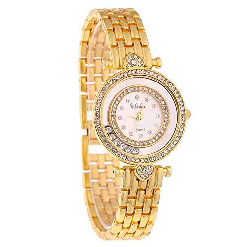 DECTN Reloj de Pulsera Fashion Couple Quartz Watch Steel Belt Love-Encrusted Diamond Flow Sand Ball Watch Women's Gold Face
