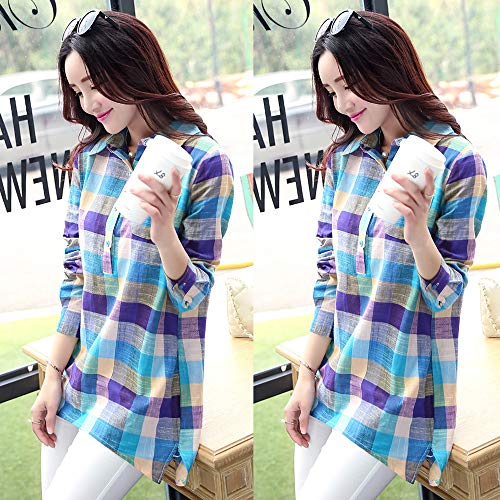 DEELIN Camisa De Manga Larga Floja De La Camisa A Cuadros Floja De La Manga De La Moda Casual De Las Mujeres (M, Azul) DEELIN Camisa De Manga Larga Floja De La Camisa A Cuadros Floja De La Manga De La Moda Casual De Las Mujeres (M, Azul)