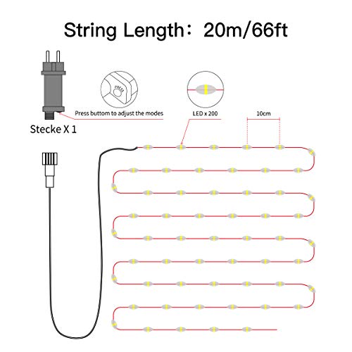 DeepDream Guirnalda de luces con enchufe,20M 200LED Alambre Cobre impermeable Navidad Luces Interior Intemperie para Decoración de Navidad,Jardín,Party,Bodas ,Blanco Cálido