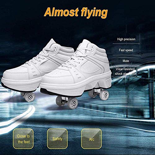 Deformation Roller Shoes - with Light Up Shoes USB Chargable 2 In 1 Four-Wheele Automatic Walking Pulley Skates Shoes For Unisex Kid Men Women,White-33EU