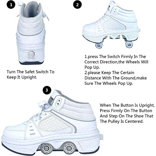 Deformation Roller Shoes - with Light Up Shoes USB Chargable 2 In 1 Four-Wheele Automatic Walking Pulley Skates Shoes For Unisex Kid Men Women,White-33EU