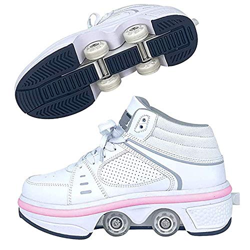 Deformation Roller Shoes - with Light Up Shoes USB Chargable 2 In 1 Four-Wheele Automatic Walking Pulley Skates Shoes For Unisex Kid Men Women,White-33EU