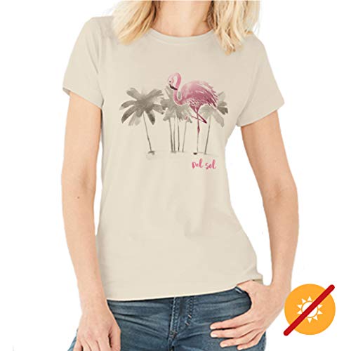 Del Sol Camiseta de novio para mujer, diseño de flamenco de acuarela, color natural, cambia de rosa y negro a colores vibrantes en el sol, 100% algodón peinado, hilado en anillo, jersey fino, talla S