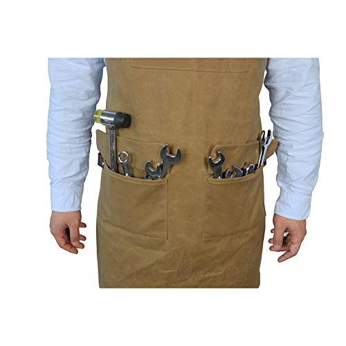 Delantal de trabajo unisex de lona encerada resistente con 5 bolsillos, delantal ajustable para los ingenieros, carpintero, manualidades, para cocina, jardín, cerámica, taller de manualidades, garaje