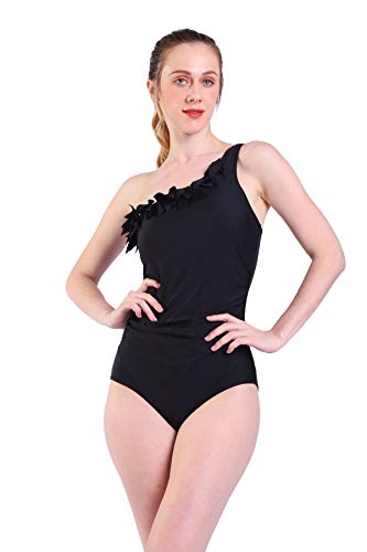 DELEY Mujeres Flor Oblicua Acolchado Traje De Baño Bikini Monokini Beachwear Negro Tamaño XL