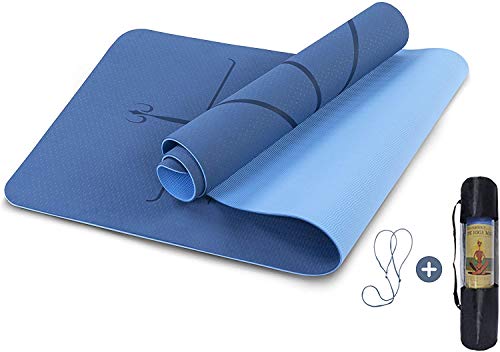 Delgeo Esterilla Yoga Colchoneta de Yoga Antideslizante con Material ecológico TPE con líneas corporales Yoga Mat diseñado para Entrenamiento y Entrenamiento físico (Azul Oscuro y Azul Claro)