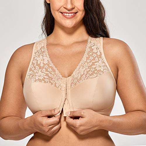 DELIMIRA - Sujetador Sin Aros en Encaje y Tela Suave Cierre Delantero para Mujer Beige 125E DELIMIRA - Sujetador Sin Aros en Encaje y Tela Suave Cierre Delantero para Mujer Beige 125E