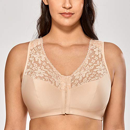 DELIMIRA - Sujetador Sin Aros en Encaje y Tela Suave Cierre Delantero para Mujer Beige 125E DELIMIRA - Sujetador Sin Aros en Encaje y Tela Suave Cierre Delantero para Mujer Beige 125E
