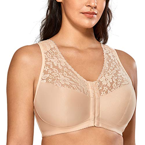 DELIMIRA - Sujetador Sin Aros en Encaje y Tela Suave Cierre Delantero para Mujer Beige 125E DELIMIRA - Sujetador Sin Aros en Encaje y Tela Suave Cierre Delantero para Mujer Beige 125E