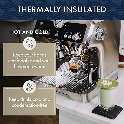 De'Longhi Juego de 2 vasos premium para café latte macchiato, apto para lavavajillas, pared doble vidrio templado, transparente, 220 ml