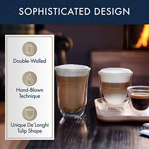 De'Longhi Juego de 2 vasos premium para café latte macchiato, apto para lavavajillas, pared doble vidrio templado, transparente, 220 ml