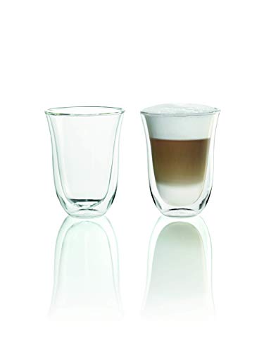 De'Longhi Juego de 2 vasos premium para café latte macchiato, apto para lavavajillas, pared doble vidrio templado, transparente, 220 ml