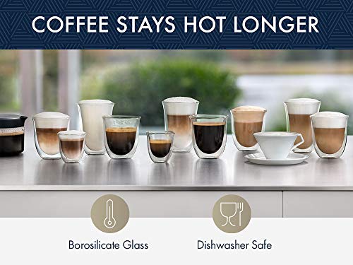 De'Longhi Juego de 2 vasos premium para espresso, apto para lavavajillas, pared doble vidrio templado, transparente, 60 ml