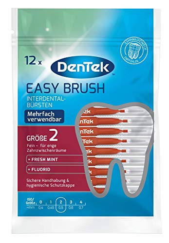 Dentek Easy Brush - Cepillos interdentales (12 unidades, ISO / tamaño 2, finos, para espacios interdentales estrechos, con sabor a menta y tapa protectora higiénica)