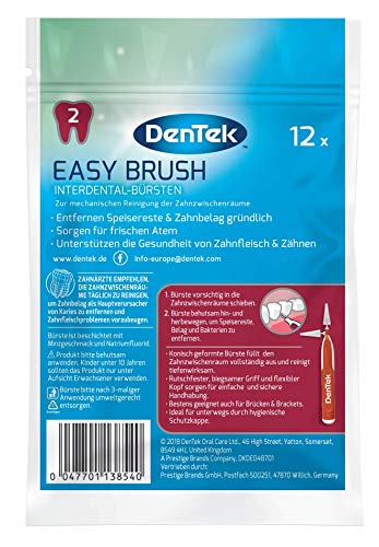 Dentek Easy Brush - Cepillos interdentales (12 unidades, ISO / tamaño 2, finos, para espacios interdentales estrechos, con sabor a menta y tapa protectora higiénica)