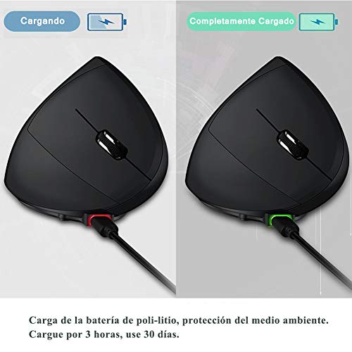 Deofde Ratón Vertical Ergonómico Recargable USB inalámbrico, 2.4G Ratón óptico Vertical Mouse para PC/portátil/Mac, Prevención de Codo de tenista/Enfermedad del ratón, Protege Especialmente el Brazo