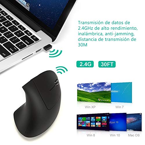 Deofde Ratón Vertical Ergonómico Recargable USB inalámbrico, 2.4G Ratón óptico Vertical Mouse para PC/portátil/Mac, Prevención de Codo de tenista/Enfermedad del ratón, Protege Especialmente el Brazo