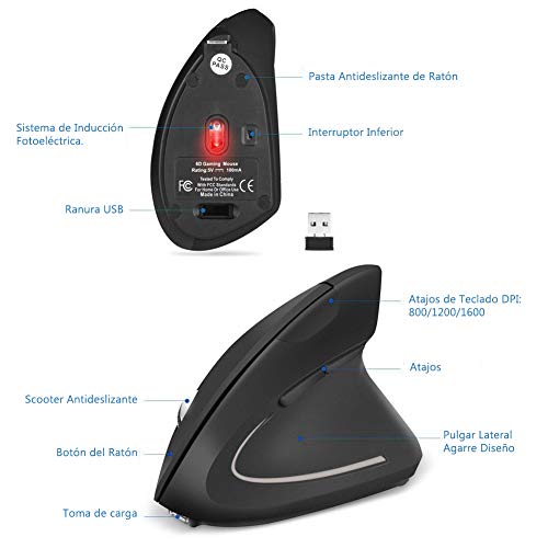 Deofde Ratón Vertical Ergonómico Recargable USB inalámbrico, 2.4G Ratón óptico Vertical Mouse para PC/portátil/Mac, Prevención de Codo de tenista/Enfermedad del ratón, Protege Especialmente el Brazo